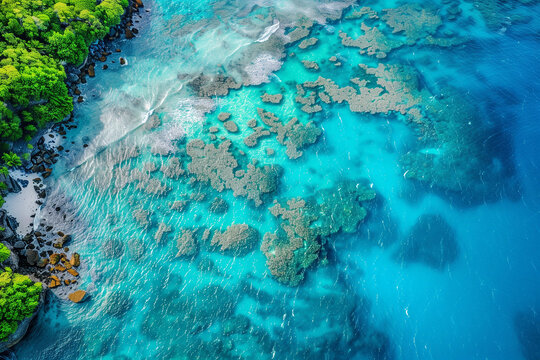 aerial view of coral reef in turquoise ocean - Powered by Adobe
