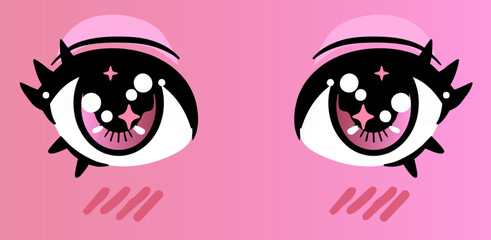 Anime vector illustration features two expressive pink eyes with sparkles on a pink background. Style is bold, colorful, and modern manga.