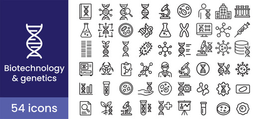 Biotechnology and genetics icon set for science and biology research, with DNA, gene, and molecule symbols for the laboratory.

