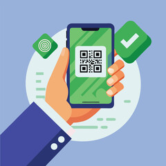 Hand Holding Smartphone with QR Code for Scan &ndash; Flat Vector Illustration