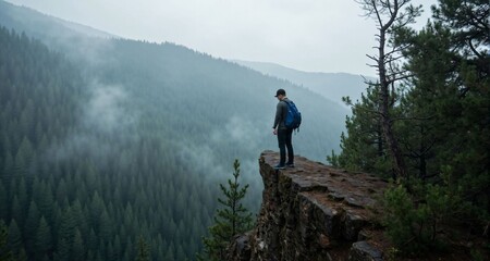 Obraz premium Camper standing on cliff in misty pine forest