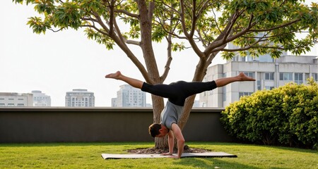 Man doing pilates tree pose in urban rooftop garden
