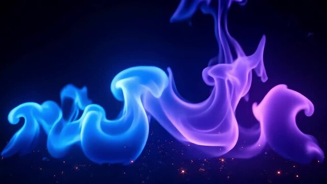 Dynamic blue and purple smoke swirls with glowing embers create a mesmerizing, ethereal visual effect