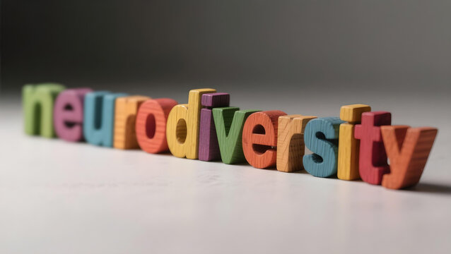 Neurodiversity awareness colorful wooden letters stacked on surface representing inclusion spectrum mental health acceptance autism ADHD and therapy in creative design