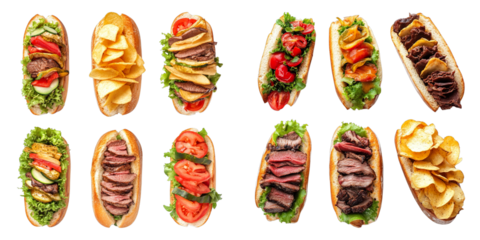 A row of sandwiches with different fillings, including meat, vegetables