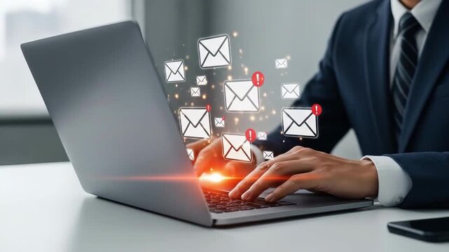 Man in a suit types on a laptop sending email icons forward Communication efficiency technology productivity and modern working are shown
