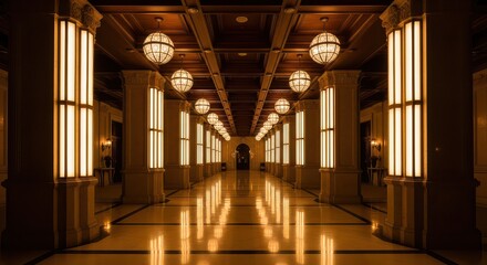 Ornate Hallway with Columns and Glowing Sphere Lights