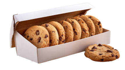 Open white bakery box featuring four chocolate chip cookies. Macro shot shows clean, isolated container with light brown, slightly wrinkled cookie texture against white background. Perfect for fresh