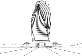 Fototapeta premium Architecture coloring page for kids and adults, black and white building tower sketch line art vector illustration