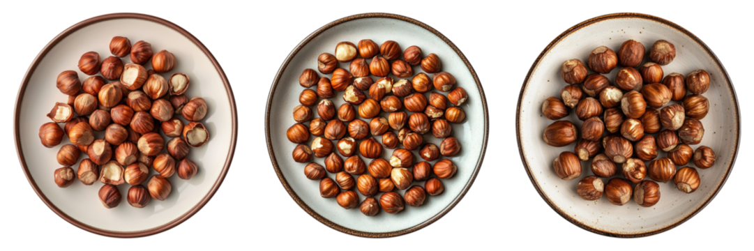 Three bowls of nuts are shown, with each bowl containing a different type of nut