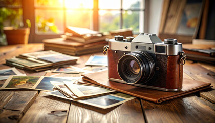 Vintage camera and cherished photos evoke nostalgia and timeless memories on a rustic wooden surface.