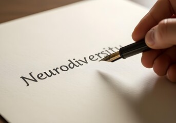 Neurodiversity awareness handwritten in black ink on textured paper with fountain pen representing inclusion therapy spectrum and mental health support advocacy concept