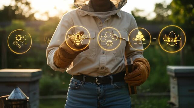 Beekeeping future: An adult apiculturist uses smart technology to monitor hive data through an innovative digital interface at sunset.