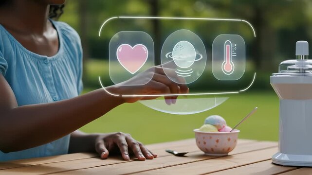 Augmented reality meets everyday lifestyle: a Black adult woman interactively taps a holographic user interface, showcasing futuristic digital technology while enjoying ice cream outdoors.