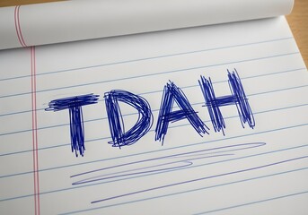 TDAH awareness sketched in blue ink with underline on lined notebook page representing ADHD spectrum inclusion therapy mental health and learning disorder advocacy