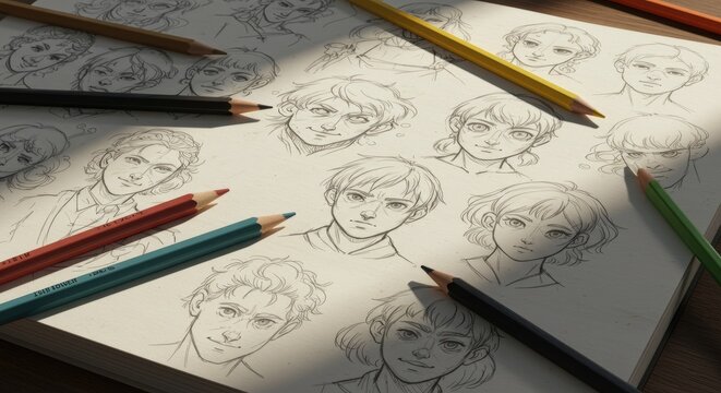 A Sunlit Sketchbook Page Filled with Expressive Hand-Drawn Manga Characters.