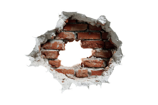 Broken White Wall With Red Bricks Showing Through On Transparent Background, PNG