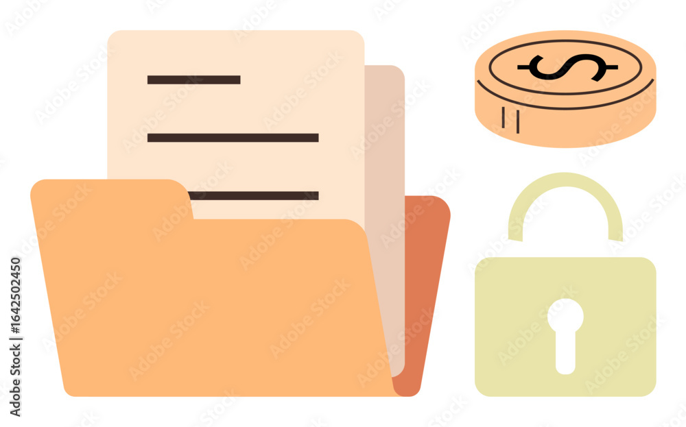 Aufkleber open file folder with documents, lock symbolizing data security, and coin depicting financial themes