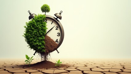 Concept Clock with Growing Plant in Arid Landscape Time and Growth