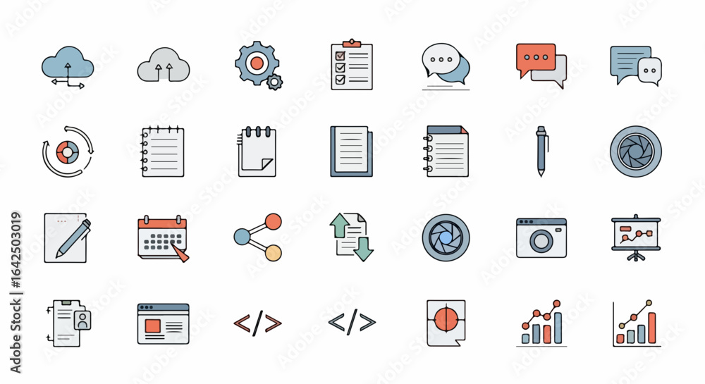 Poster modern business icons representing data, communication, and workflow for digital projects