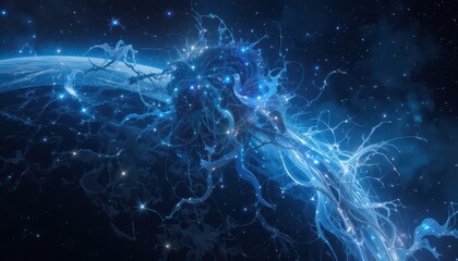Ethereal Blue Energy Flowing From Planet in Starry Space
