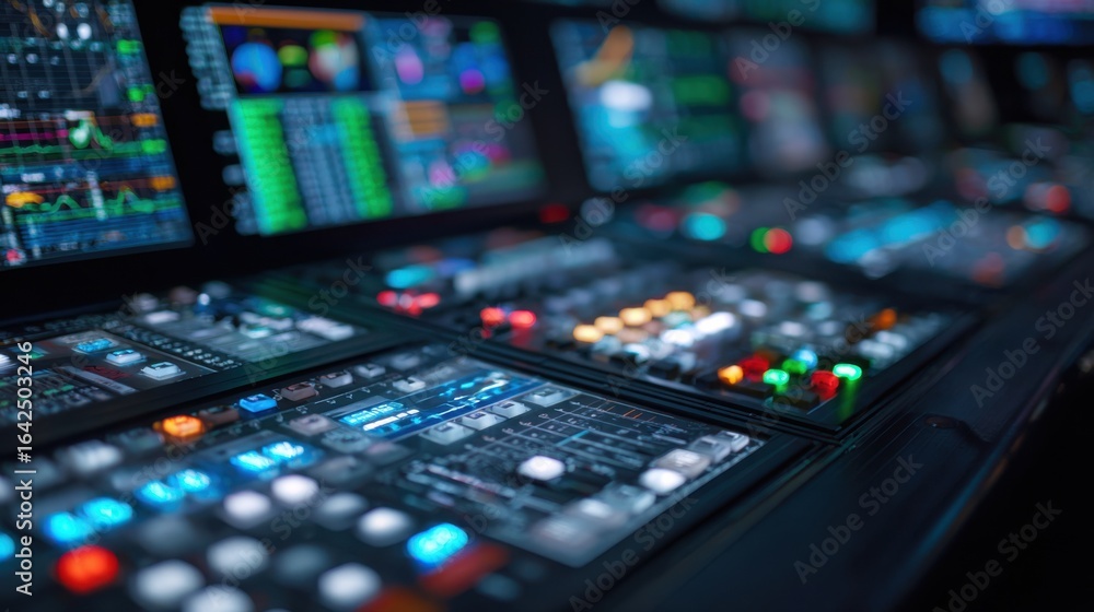 Aufkleber focused medium shot on a futuristic ai pitch sequencing control panel illuminated by blue and green 