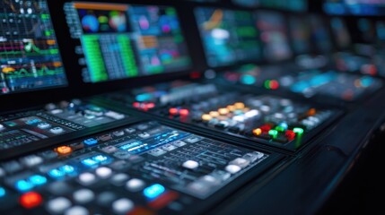 Focused medium shot on a futuristic AI pitch sequencing control panel illuminated by blue and green data streams with surrounding baseball analytics screens softly blurred for