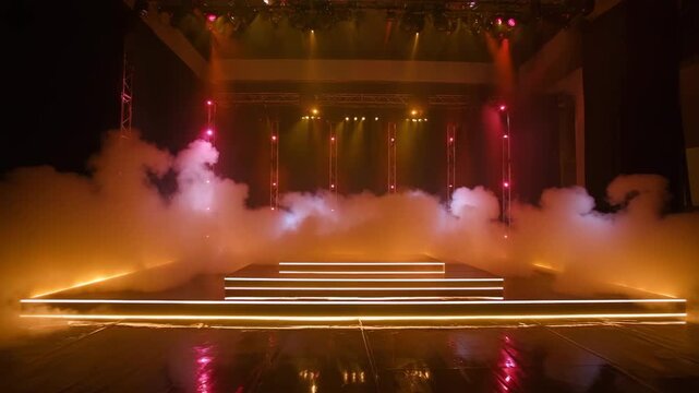 Loopable rectangular concert stage with ambient lighting and white fog coverage, deep shadows and glowing highlights