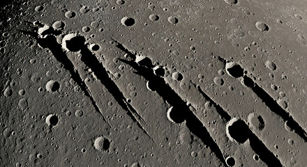 Cratered surface of the moon with long shadows cast from impact craters