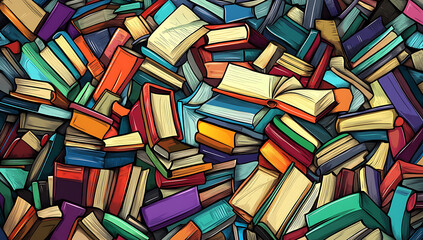 Pile of colorful cartoon style books including some open books with blank pages.