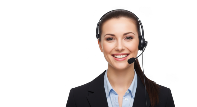 Smiling female customer service operator wearing a headset and business suit, isolated on transparent background