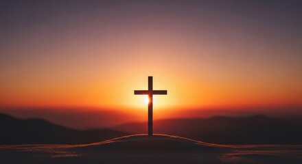 Simple Wooden Cross Silhouette Against a Bright Sunset Religious Symbol