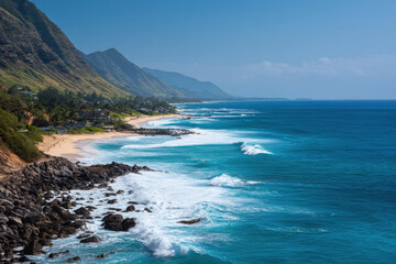 Obraz premium experience essence of hawaii with ultrabright landscape where lush greenery meets deep turquoise ocean