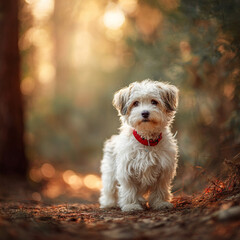 Cute puppy sitting calmly on autumn leaves in a warm glowing forest background