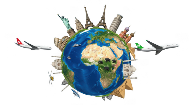 Global travel and tourism concept with famous landmarks and airplanes flying around the earth, isolated on transparent background