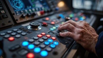 A detailed inspection of the rigs control panel featuring various buttons and knobs with haptic feedback indicators lighting up in response to the trainees actions creating a dynamic