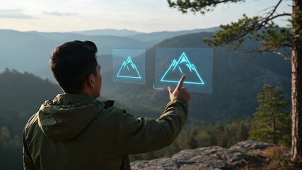 Futuristic Augmented Reality transforms nature exploration as a young man interacts with glowing virtual mountain and eagle displays, standing on a cliff overlooking a vast scenic landscape. - Powered by Adobe