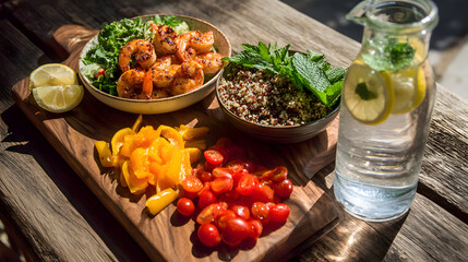Culinary Freshness: A vibrant medley of fresh ingredients including perfectly grilled shrimp, a wholesome quinoa salad, a refreshing citrus and mint infused water on a rustic wooden serving board.