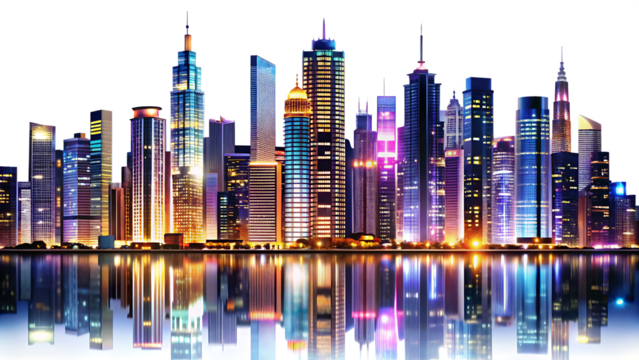 vast modern city skyline at night isolated on white background PNG , AI GENERATED