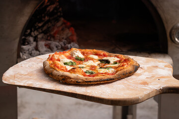 Margherita pizza on a wooden paddle spatula.