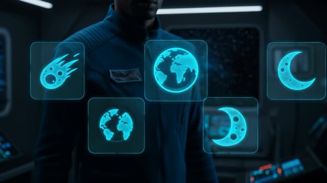 Futuristic Space Exploration: Man operating interactive holographic interface to manage celestial objects in a space station.