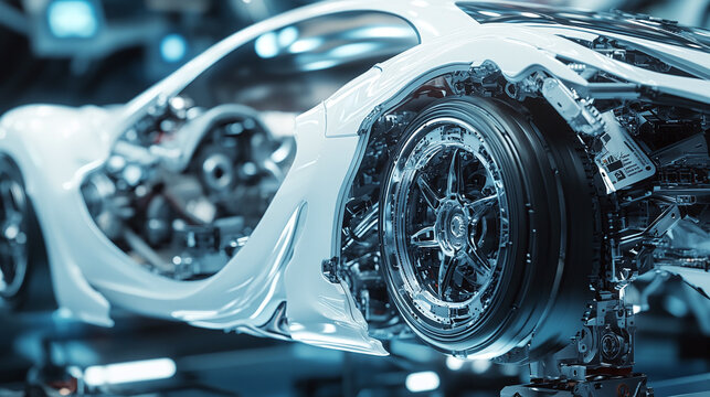 Robotic Arm Assembling Car Parts for a Futuristic Sports Car with Precision and Detail