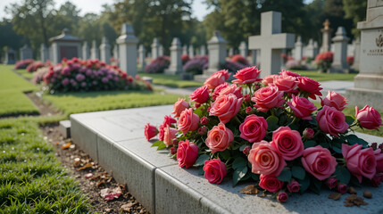 Solemn beauty of a grave adorned with vibrant roses, serene, cemetery, burial, memorial, remembrance, peaceful, tranquil, somber