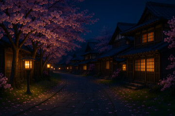 Traditional Japanese Village with Cherry Blossom Garden in Spring