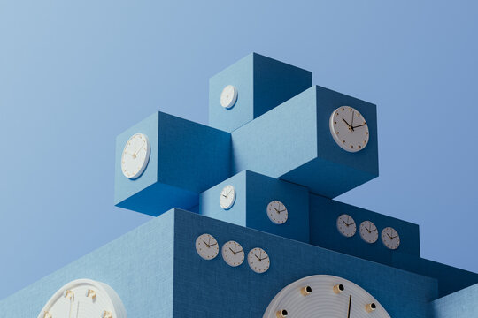 Unique clock tower design showcases minimalist time display in blue