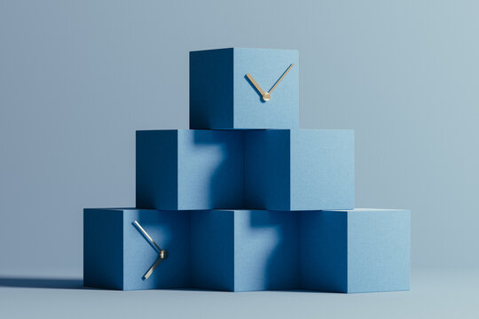 Creative display of clock on minimalist blue blocks showcasing time