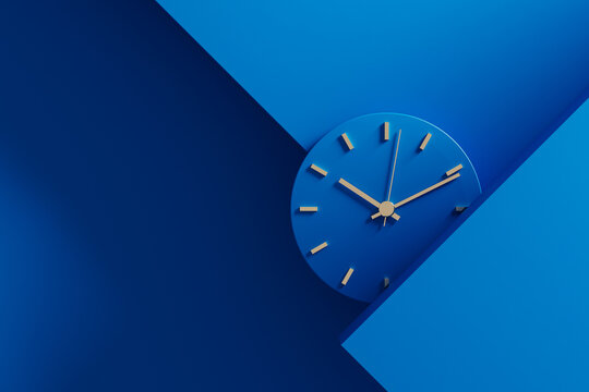 Minimalist clock showing time in a modern blue setting