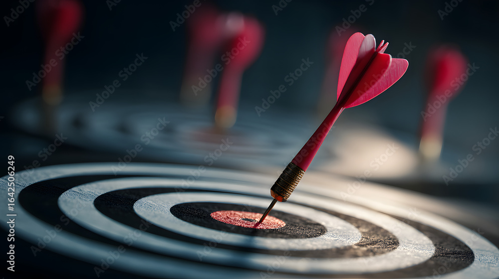 Poster aims arrow at a virtual target dartboard, precision in setting objectives for business investments a