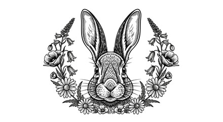 Intricate line art drawing of a rabbit head surrounded by beautiful flowers and leaves, isolated white background.