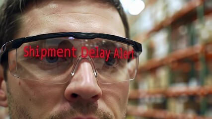 Augmented reality in logistics, man wearing smart glasses with shipment delay alert - Powered by Adobe